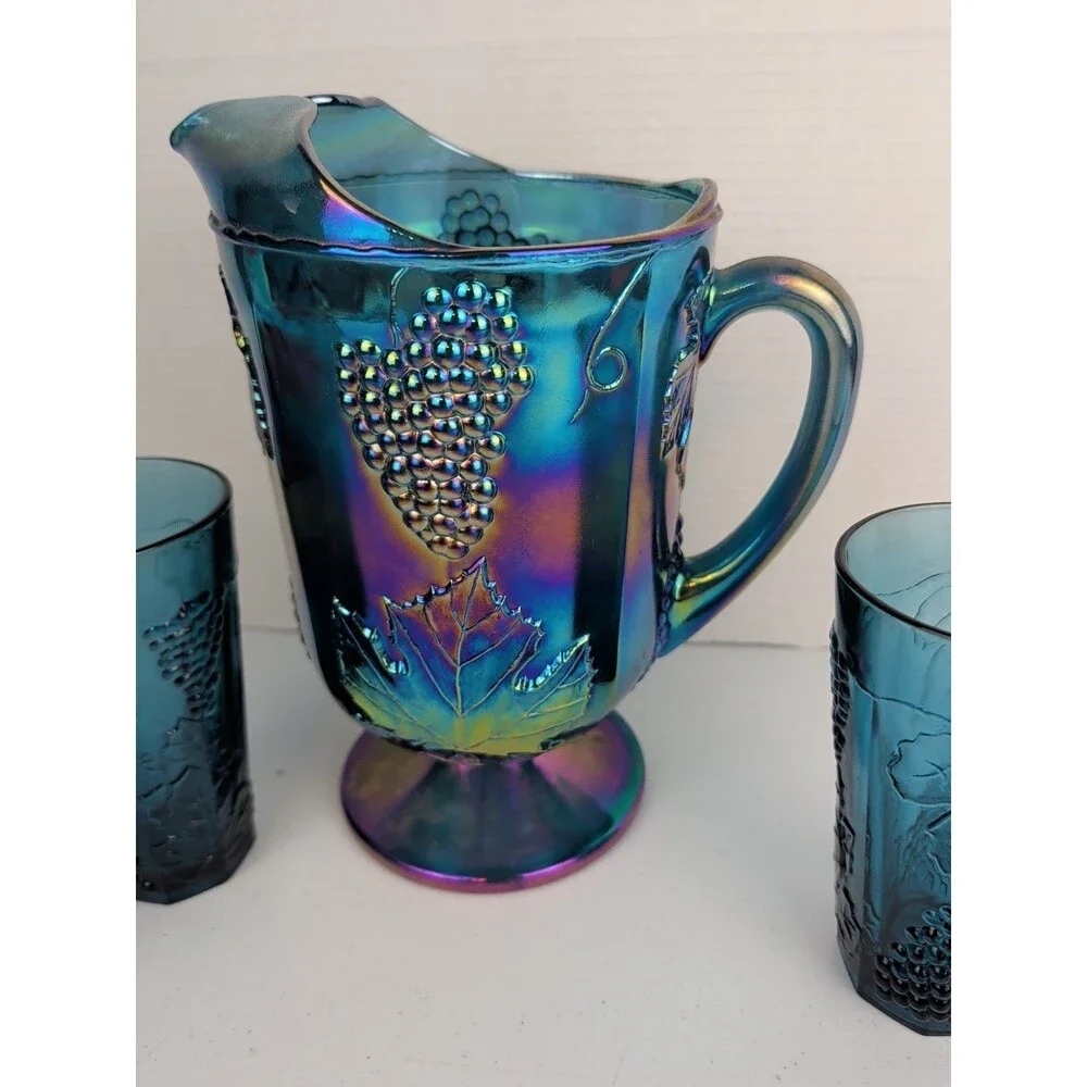 Blue Carnival Glass Harvest Grape Iridescent Pitcher & Tumblers Set 4 Piece Vtg